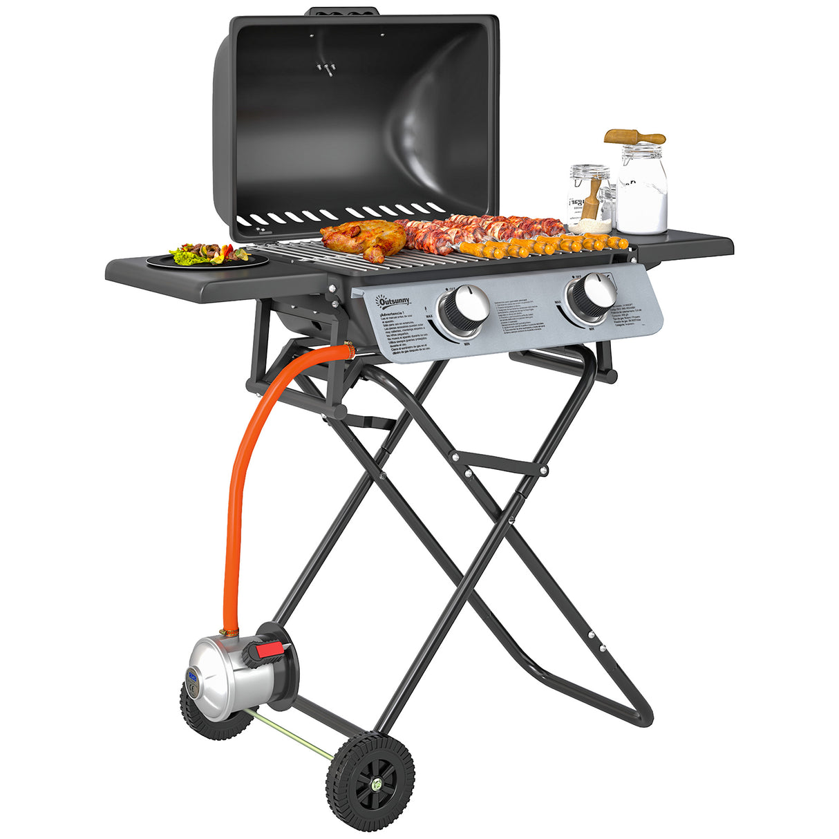 easycomfort easycomfort barbecue a gas portatile con 2 bruciatori e 2 tavolini coperchio con termometro e ruote nero