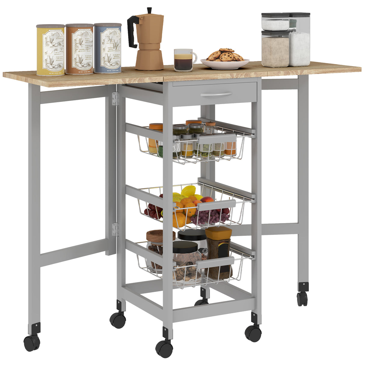 easycomfort easycomfort carrello da cucina con 3 cestini cassetto e 2 ribalte in legno e metallo 37x37x77 5 cm grigio e rovere