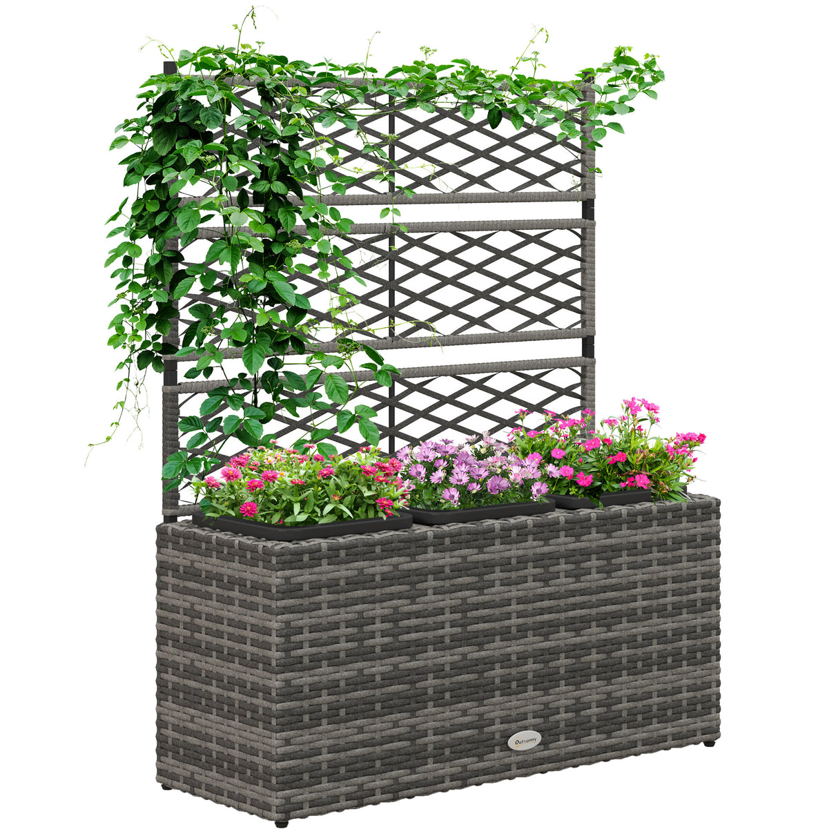 easycomfort easycomfort fioriera con grigliato per rampicanti con 3 vasi in acciaio e rattan pe 84x30x107cm grigio