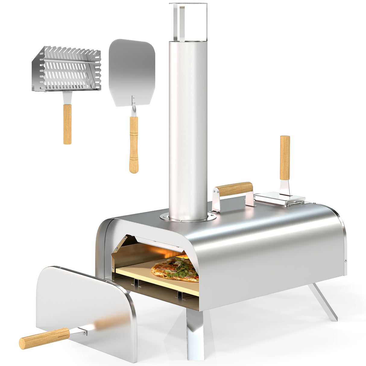 easycomfort easycomfort forno per pizza a pellet di legno con pietra refrattaria e pala in acciaio inox 79x36x75 cm argento