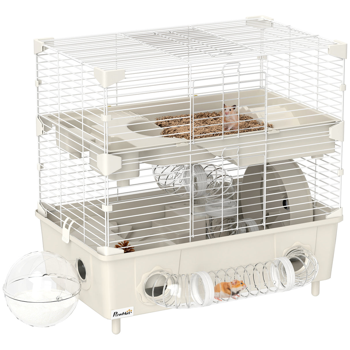 easycomfort easycomfort gabbia per criceti a 2 livelli e 3 porte con ruota e tubi in acciaio ps e pp 44 5x28x44 cm crema e bianco