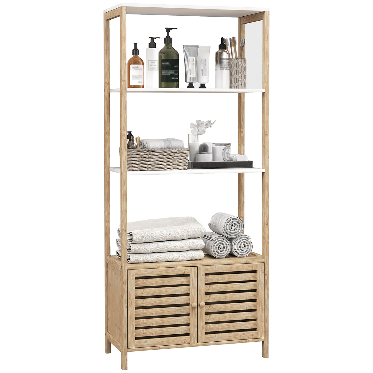 easycomfort easycomfort mobile bagno in bambu con 3 ripiani e armadietto inferiore 63x30x138 cm color legno e bianco