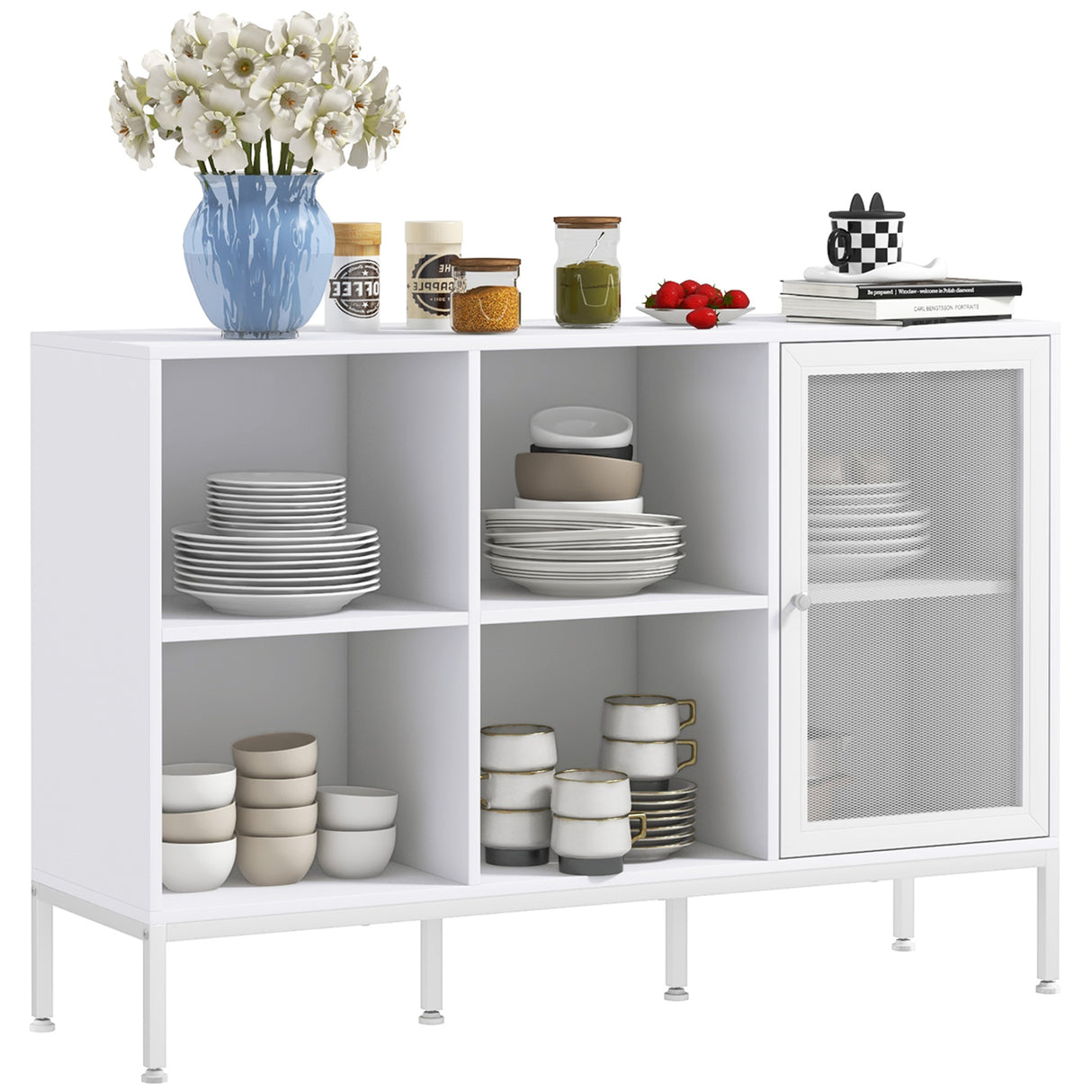 easycomfort easycomfort mobile buffet con 4 ripiani aperti e armadietto in truciolato e acciaio 120x37x81 5 cm bianco
