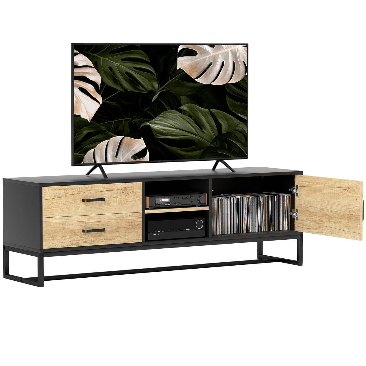 easycomfort easycomfort mobile porta tv 60 con armadietto 2 cassetti e ripiani aperti 140x35x45 cm legno naturale