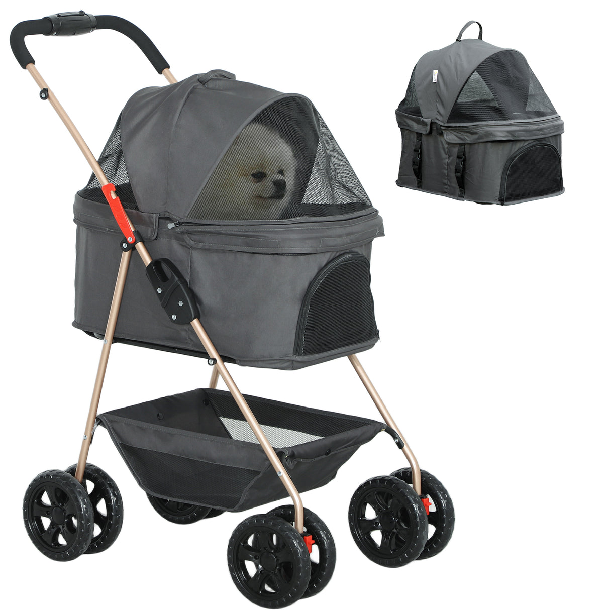 easycomfort easycomfort passeggino per cani 3 in 1 pieghevole con borsa trasportino e cestino inferiore grigio