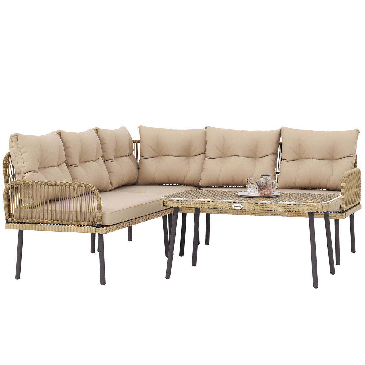 easycomfort easycomfort salotto da giardino in rattan 2 divanetti e poltrona angolare con cuscini tavolino in vetro colore legno