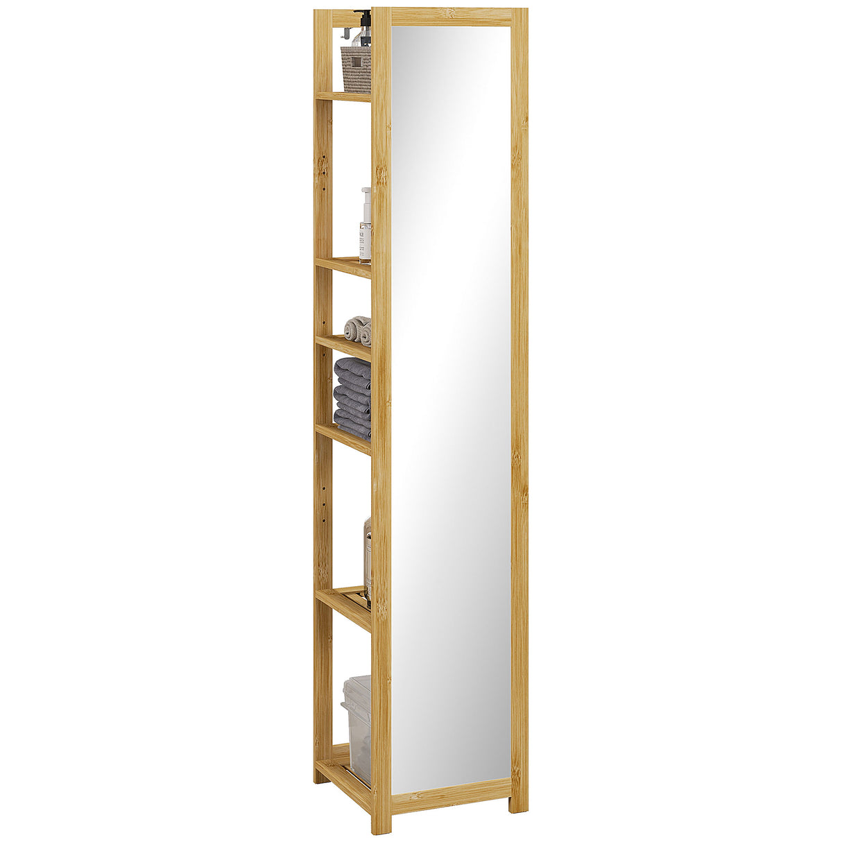easycomfort easycomfort scaffale da bagno con specchio e 6 ripiani a doghe in bambu 35x35x168cm colore legno