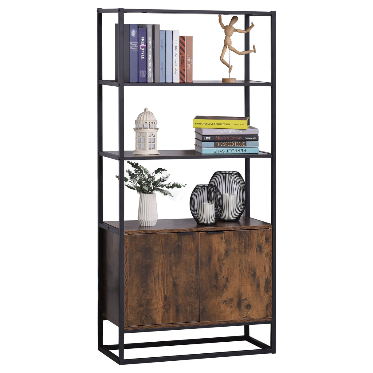 easycomfort easycomfort scaffale libreria in stile vintage con 3 ripiani 1 armadietto in legno e telaio in metallo nero 76x33x162 5cm ean 8054144136066