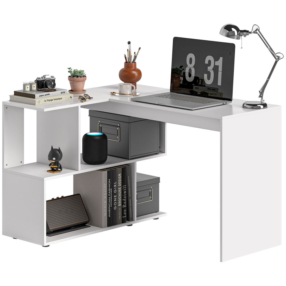 easycomfort easycomfort scrivania angolare moderna per ufficio con 4 ripiani in legno bianco 120x100x77 cm