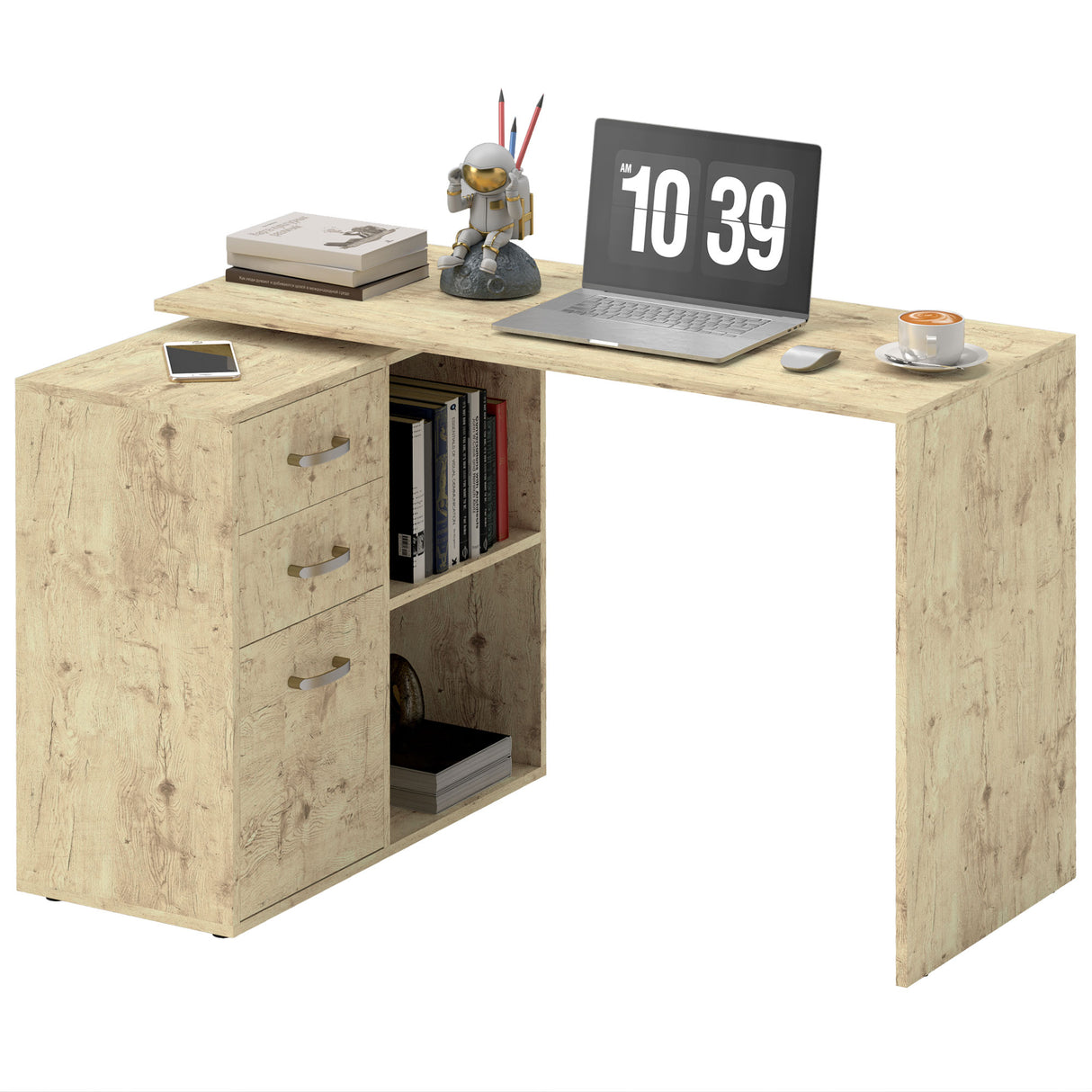 easycomfort easycomfort scrivania angolare per pc con 3 cassetti e ripiani aperti in legno e metallo 117x83 5x76 cm noce