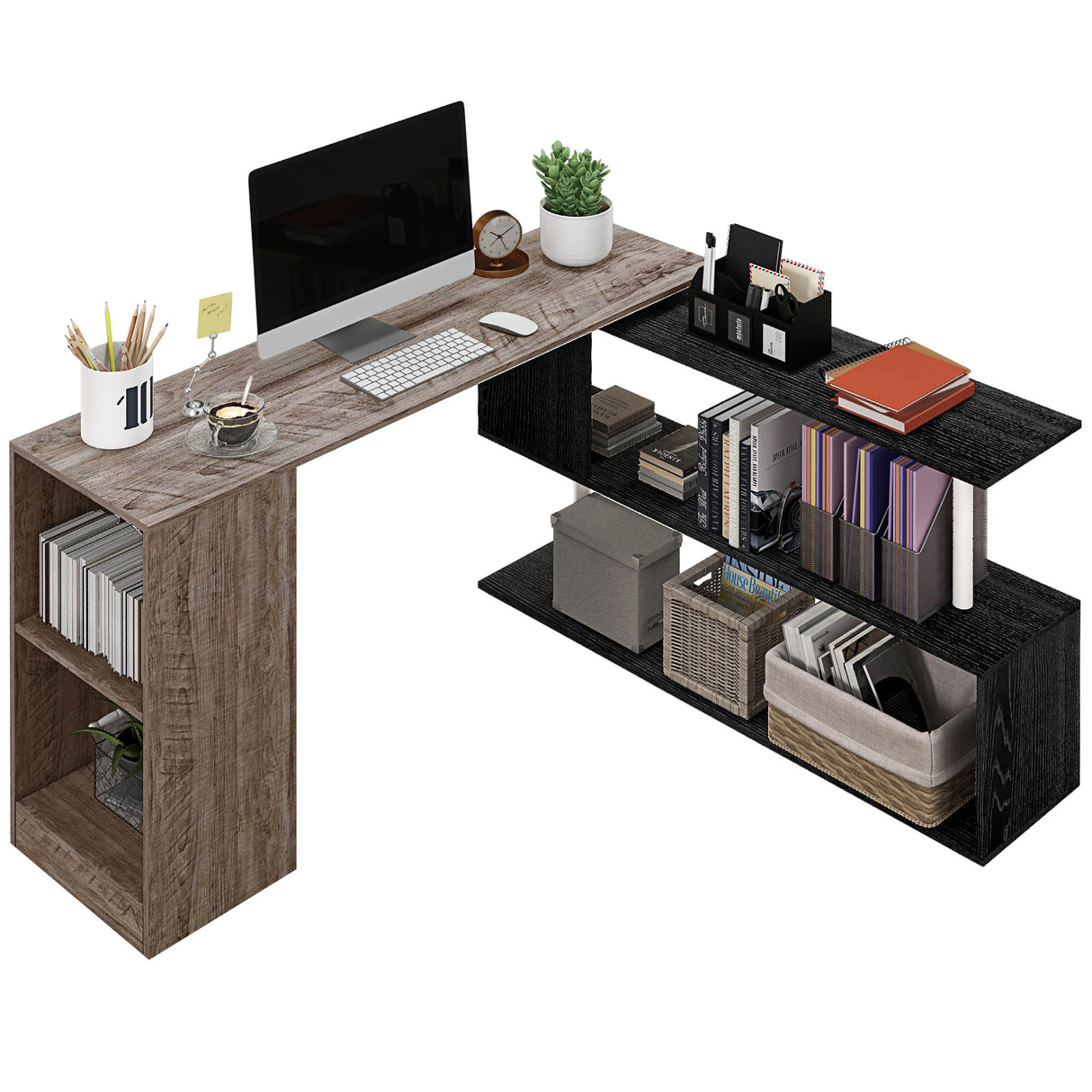 easycomfort easycomfort scrivania angolare salvaspazio con ripiano a s in legno 140x120x78 cm grigio effetto legno