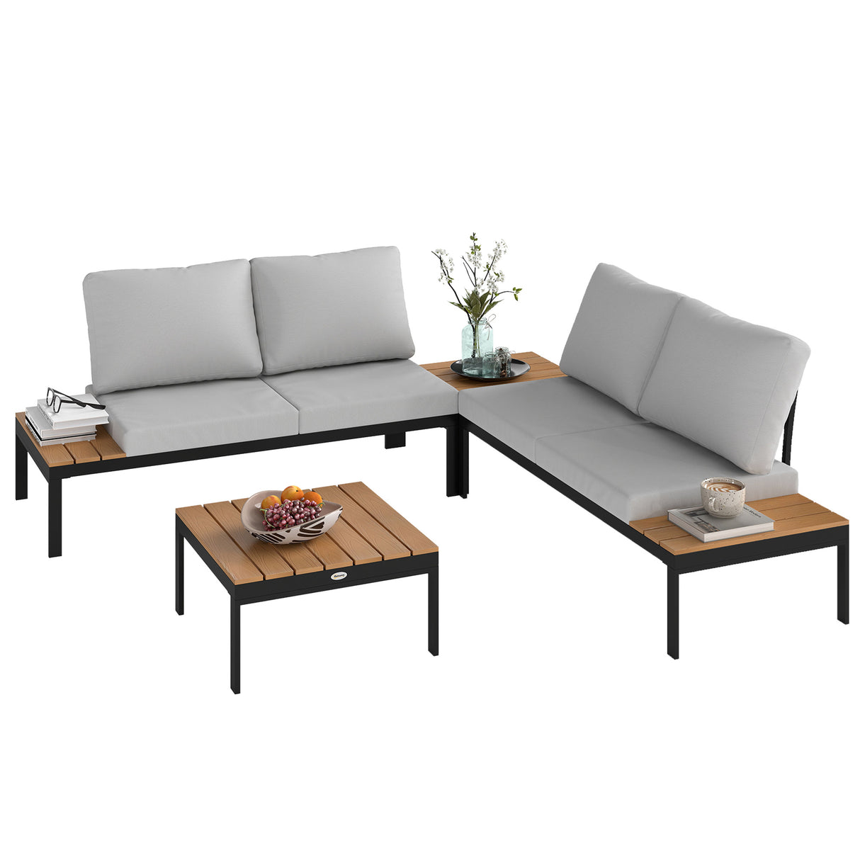easycomfort easycomfort set da giardino 4 pezzi con 2 divanetti 2 posti e 2 tavolini in metallo e legno composito grigio nero e teak