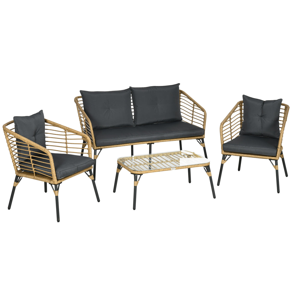 easycomfort easycomfort set da giardino 4 pezzi in rattan pe e acciaio con 2 sedie divano 2 posti e tavolino marrone nero e grigio