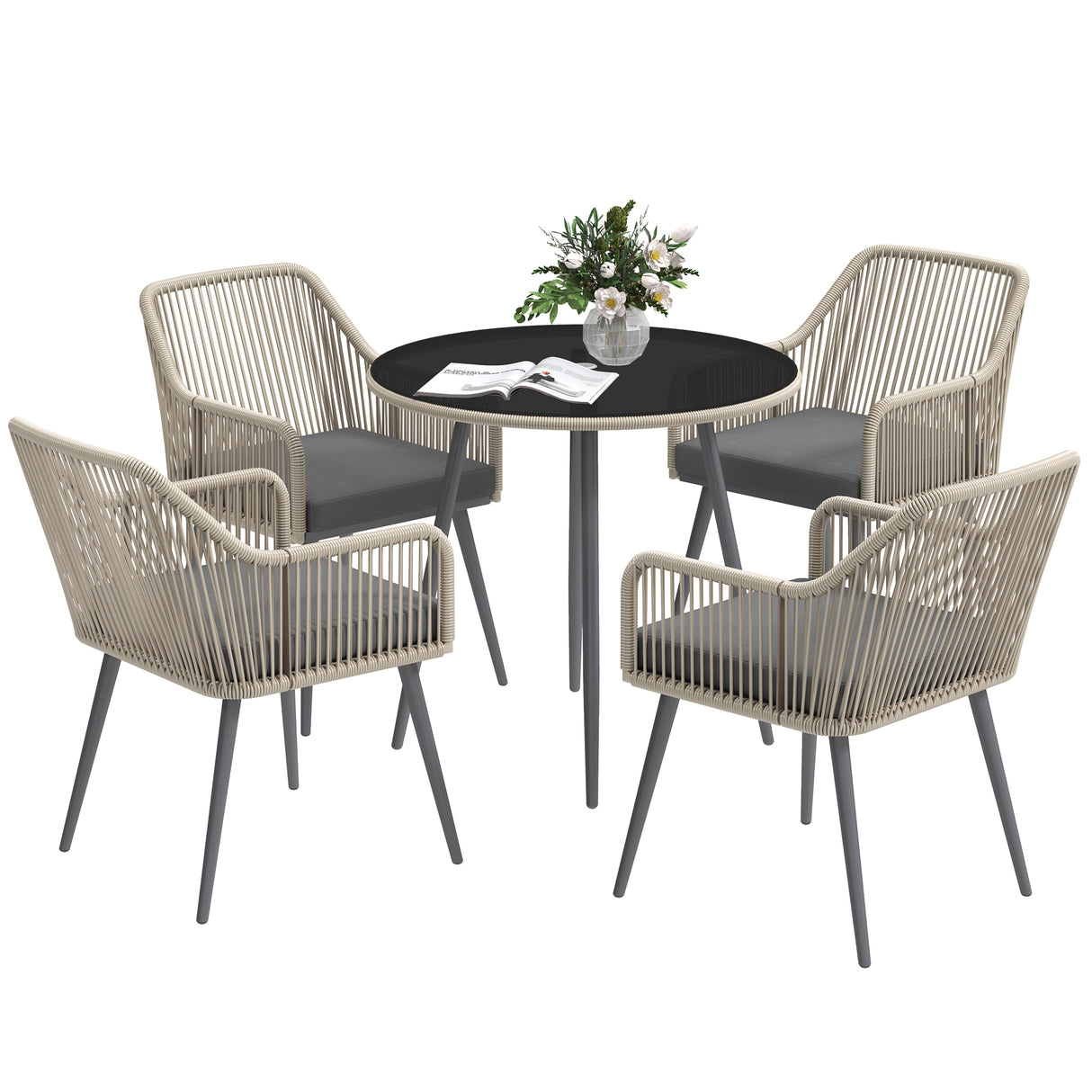 easycomfort easycomfort set da giardino 5 pezzi in rattan e acciaio con 4 sedie da esterno e tavolo rotondo con foro marrone e grigio
