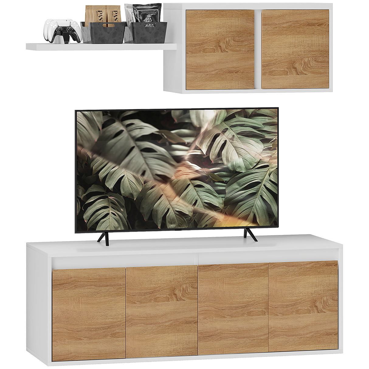 easycomfort easycomfort set mobile tv e armadietto a muro con 7 ripiani e scaffale aperto in legno 120x41x43 3 cm bianco e color legno