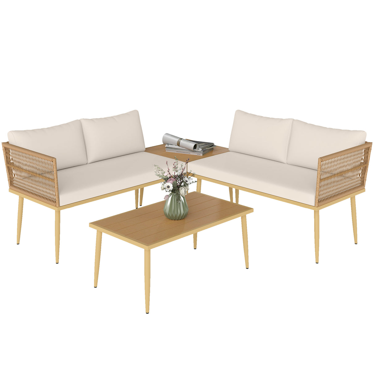 easycomfort easycomfort set salotto da esterno in rattan pe con 2 divani a 2 posti con cuscini e 2 tavoli da caffe colore legno