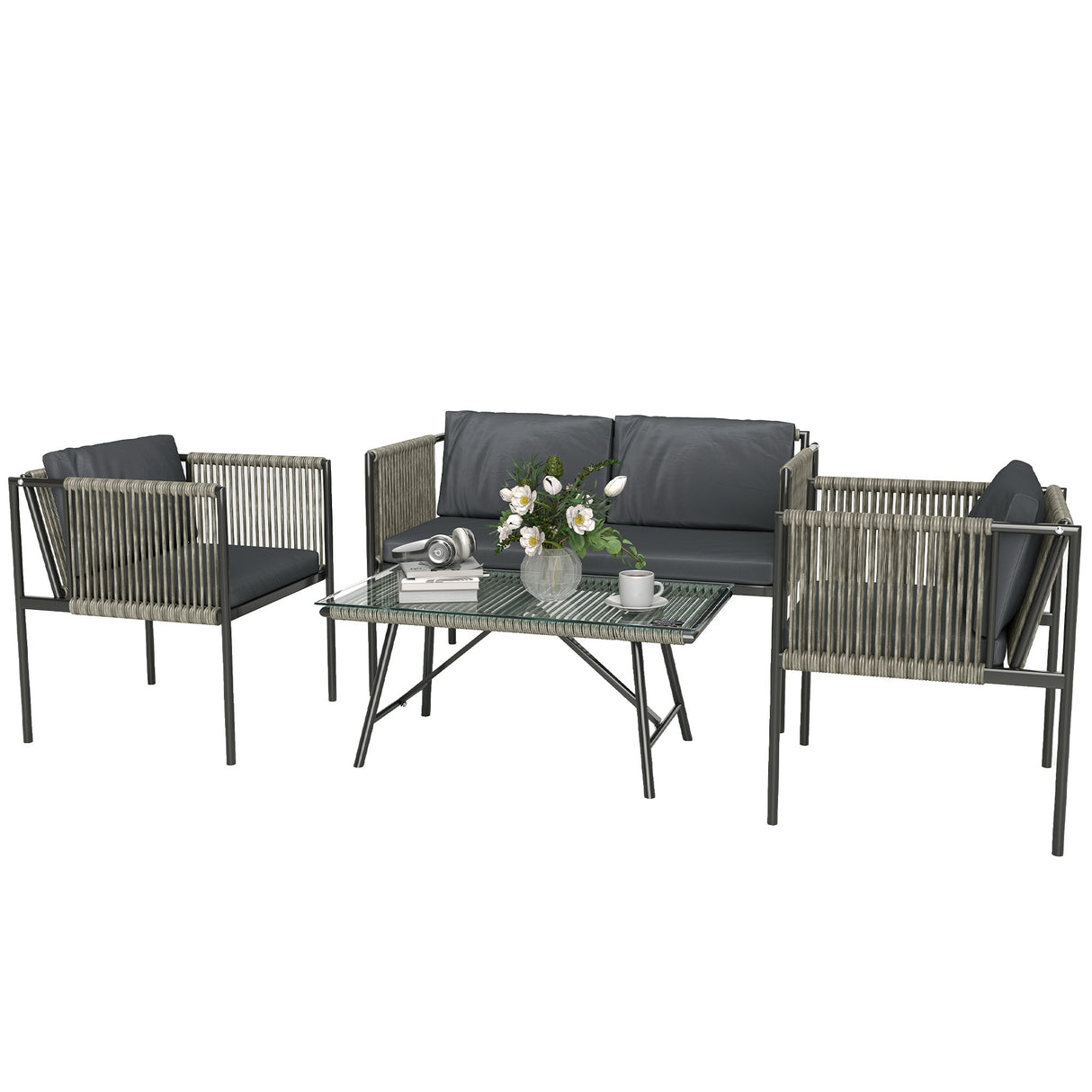 easycomfort easycomfort set salotto da giardino in rattan con 2 poltrone divanetto 2 posti e tavolino da caffe in vetro grigio