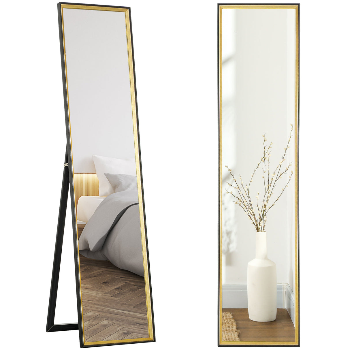 easycomfort easycomfort specchio a figura intera con supporto posteriore e cornice in legno e vetro 37x3x157 cm nero e oro