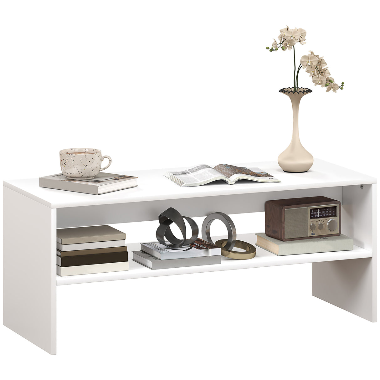 easycomfort easycomfort tavolino da caffe moderno in legno a 2 livelli con ripiano aperto 100x40x41 5 cm bianco