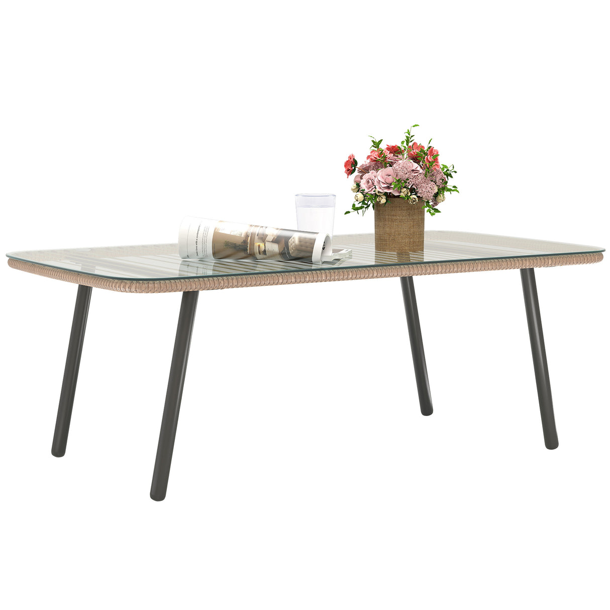 easycomfort easycomfort tavolino da giardino in rattan pe con piano in vetro e acciaio 110x60x40 cm legno naturale