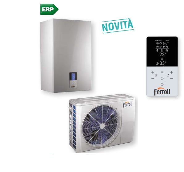 pompa di calore ibrida aria acqua ferroli omnia s hybrid c 10 kw per installazione splittata con produzione sanitaria istantanea comando incluso a bordo macchina