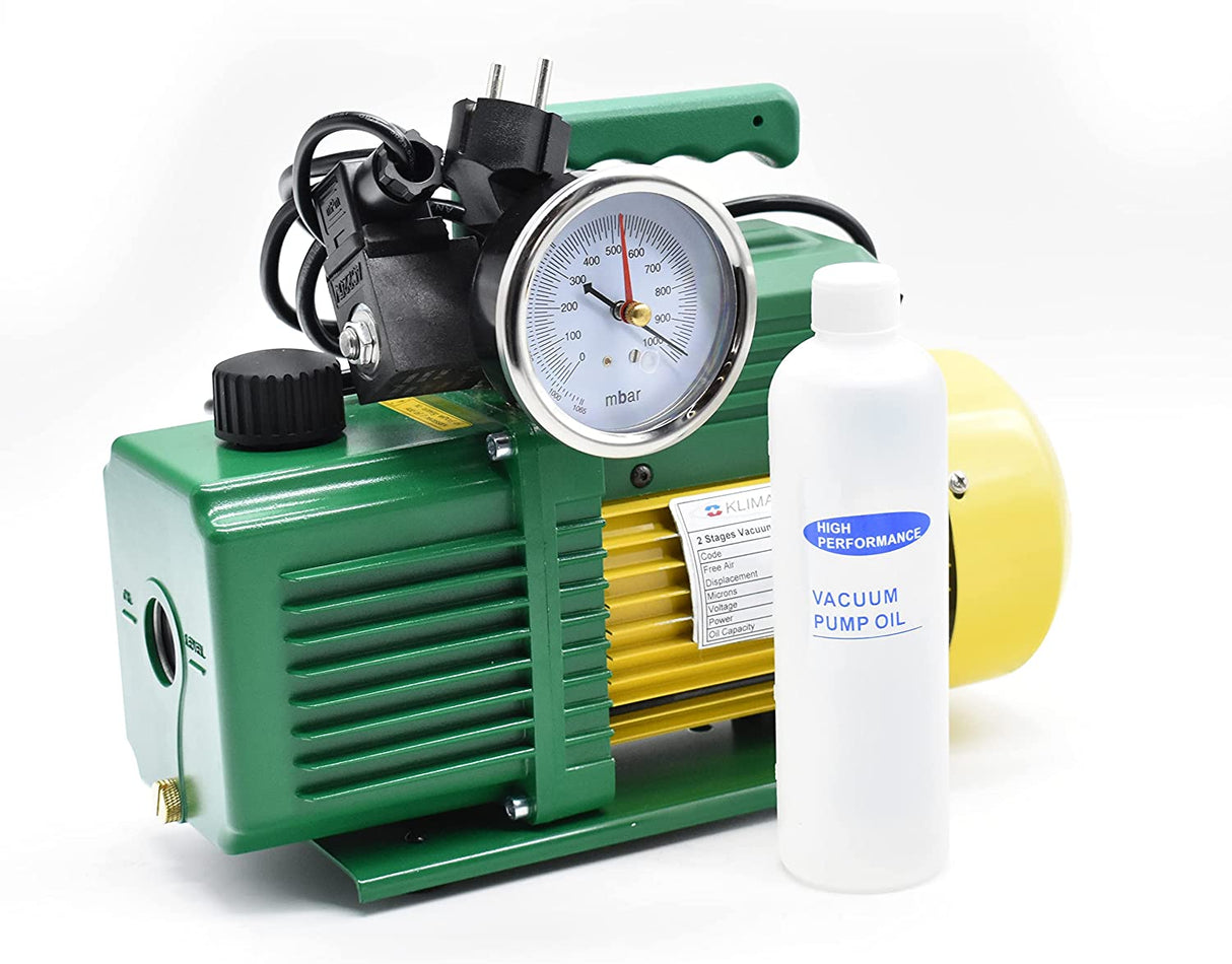 pompa vuoto bistadio klimaline con vacuometro e valvola solenoide per impianti gas hfo r32 r410 r1234yf 50 l min motore antideflagrante per condizionamento climatizzatore