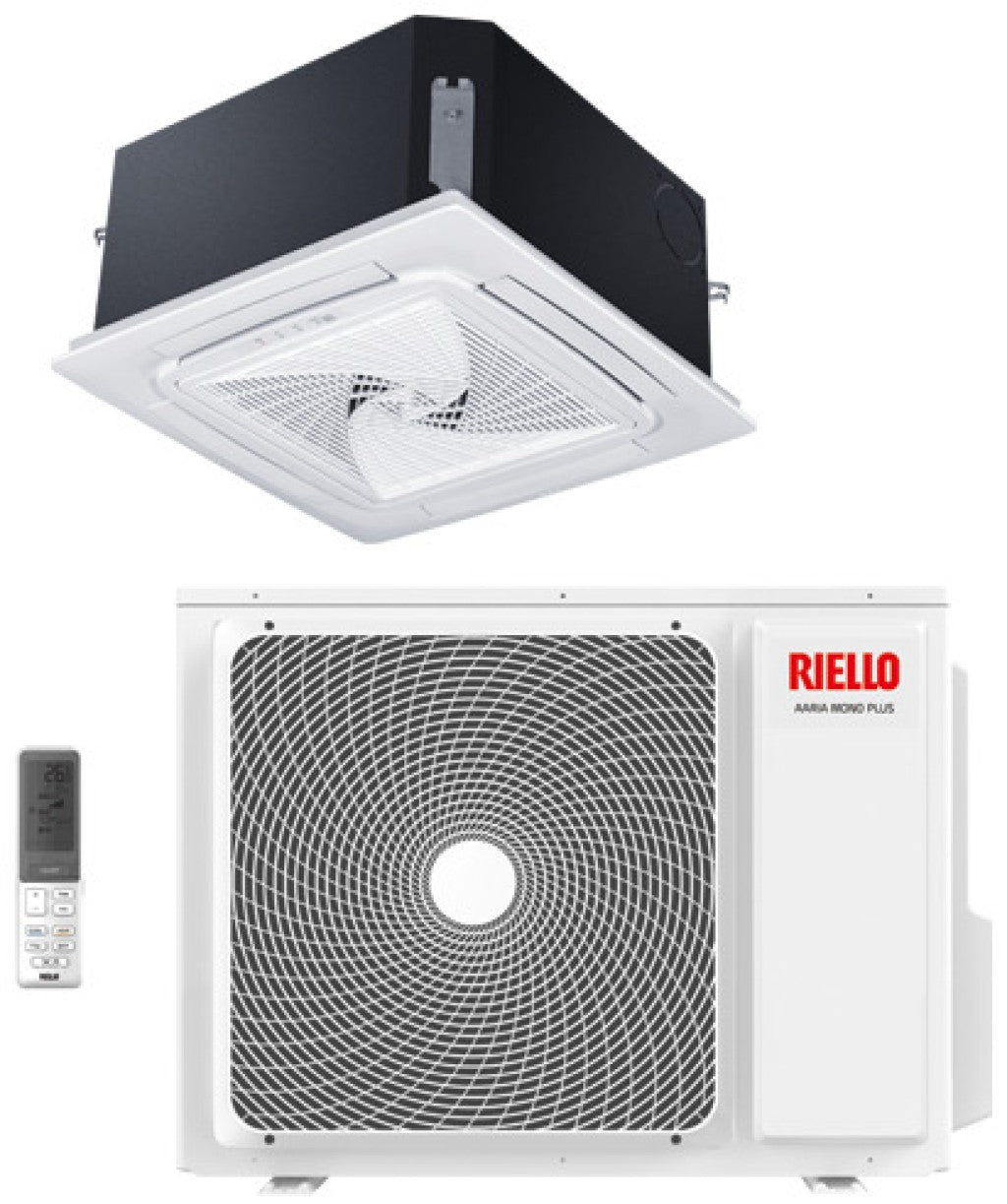 riello condizionatore a cassetta 4 vie 90x90 riello 36000 btu aaria pro p amk 100 p r 32 con pannello e telecomando inclusi