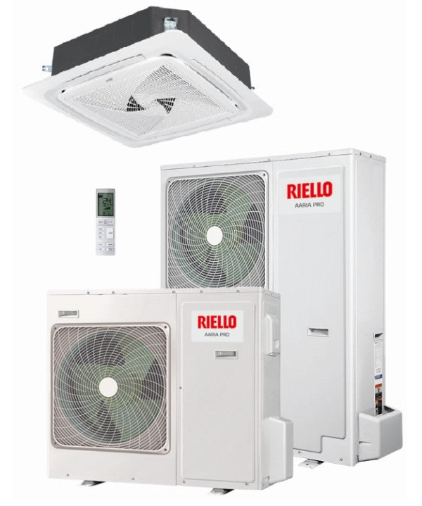 riello condizionatore a cassetta 4 vie 90x90 riello 48000 btu aaria pro p amk 140 p trifase r 32 con pannello e telecomando inclusi