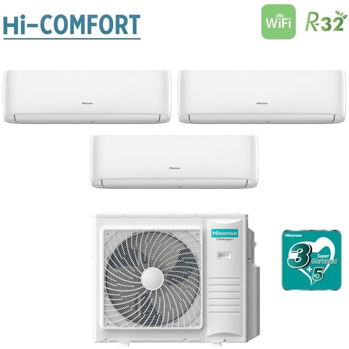 climatizzatore condizionatore hisense trial split inverter serie hi comfort 7+18+18 con 4amw105u4raa r 32 wi fi integrato 7000+18000+18000
