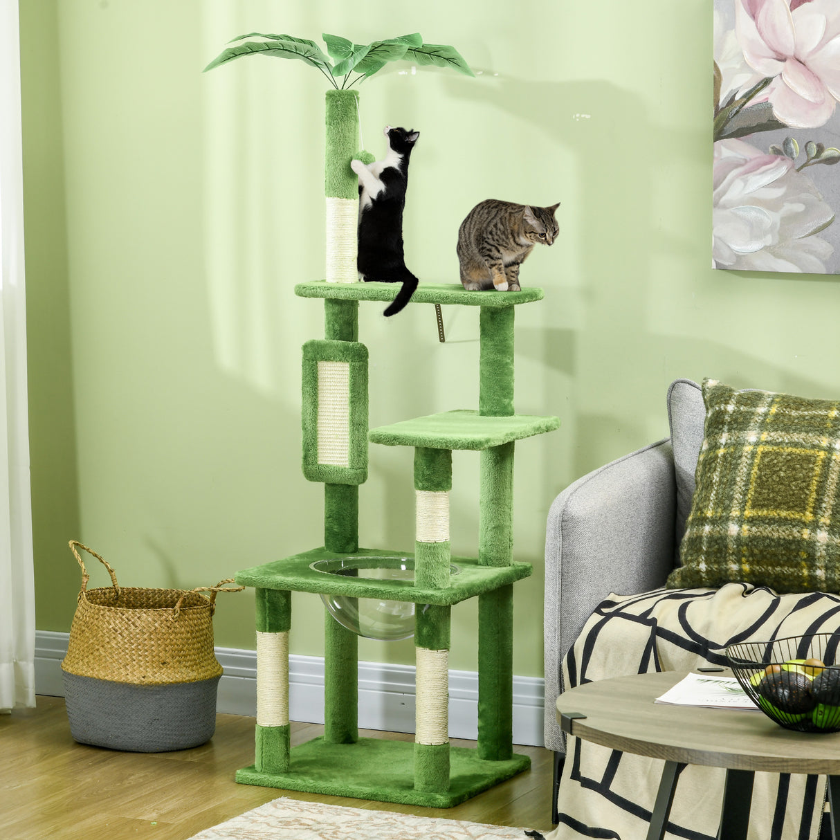easycomfort easycomfort albero per gatti multilivello con amaca tiragraffi pallina e foglie decorative 49x49x142 cm verde