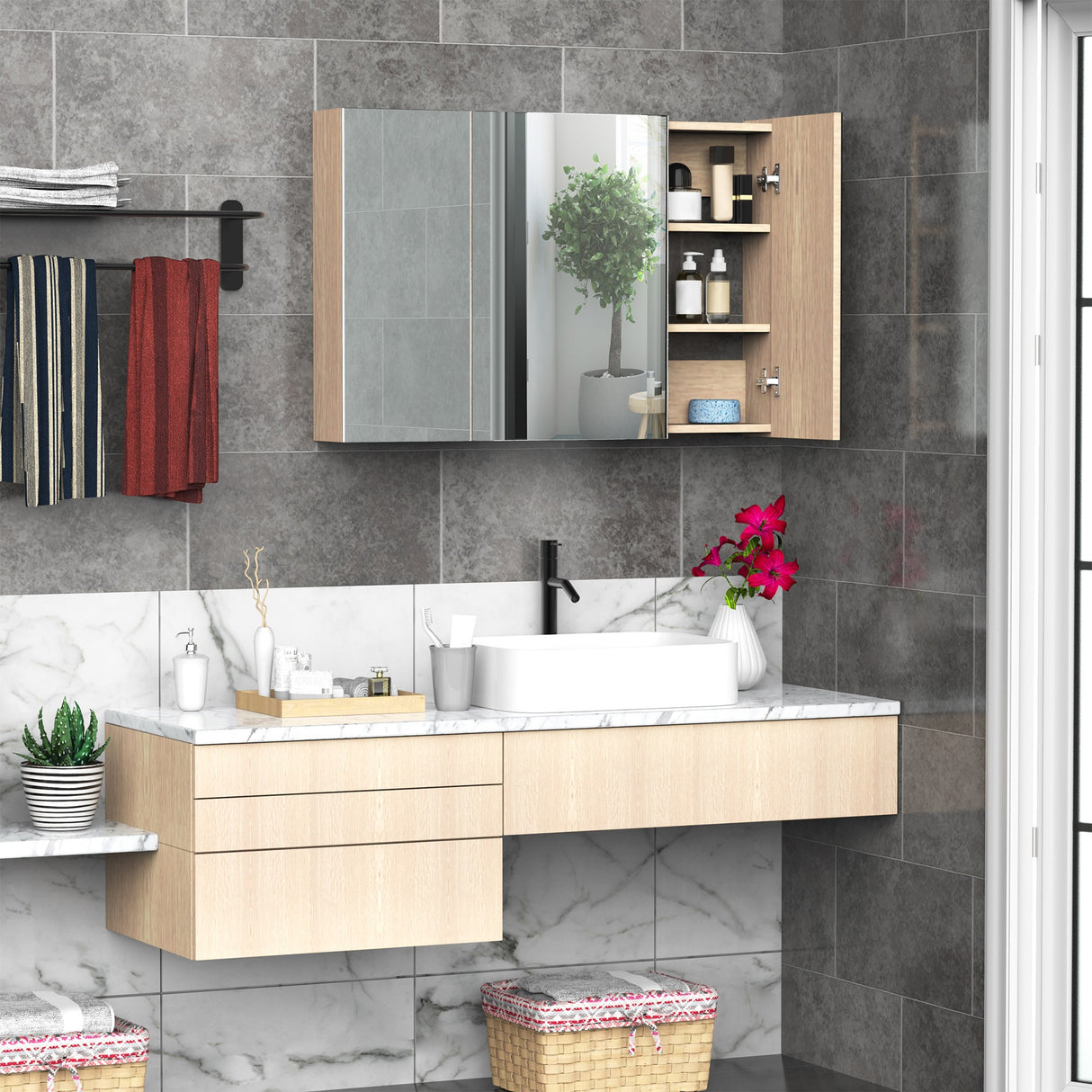 easycomfort easycomfort armadietto pensile da bagno a parete con specchio a 3 ante e ripiani regolabili in legno 90x60x13 5cm ean 8054144132402