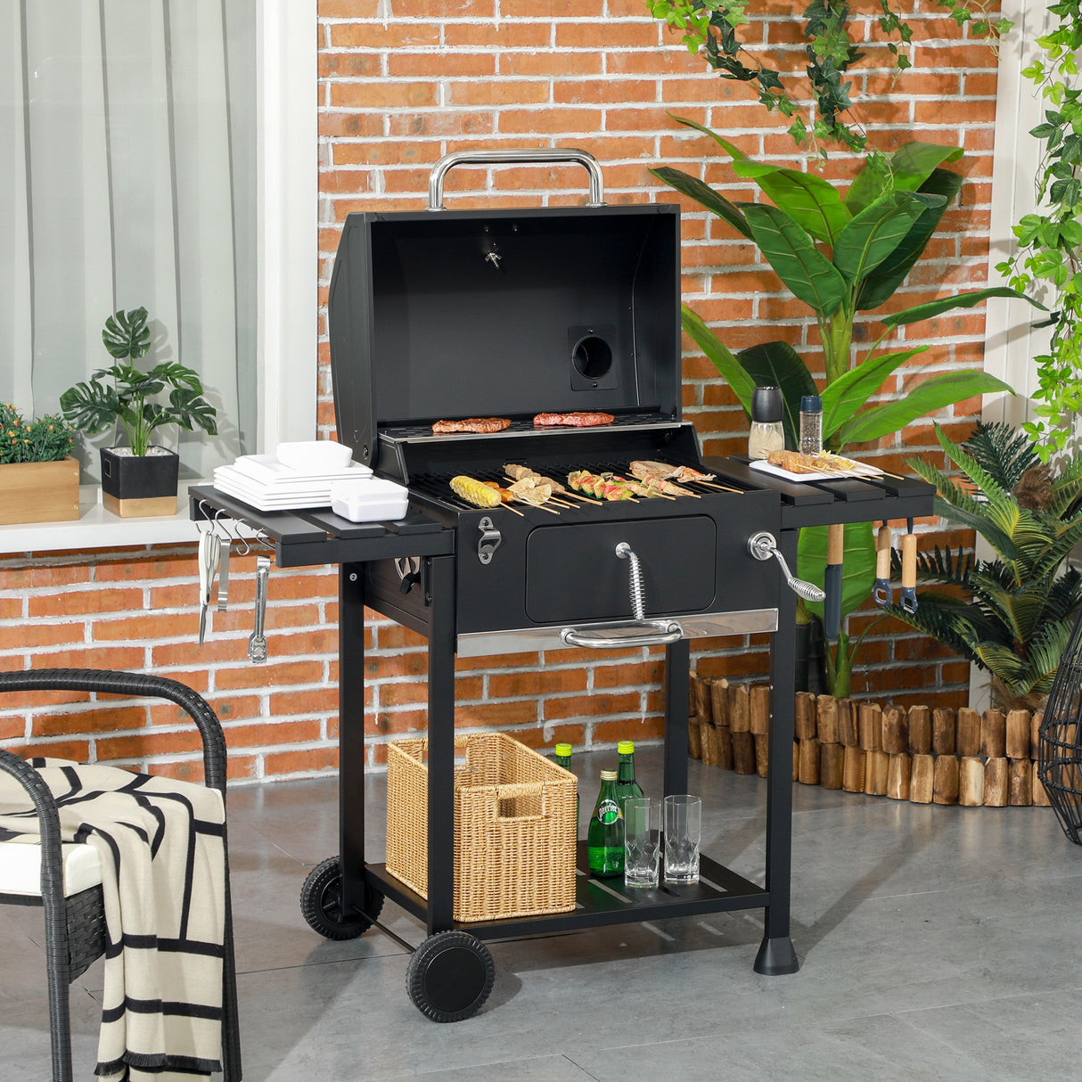 easycomfort easycomfort barbecue a carbone con coperchio con termometro griglia regolabile ruote e tavolini nero
