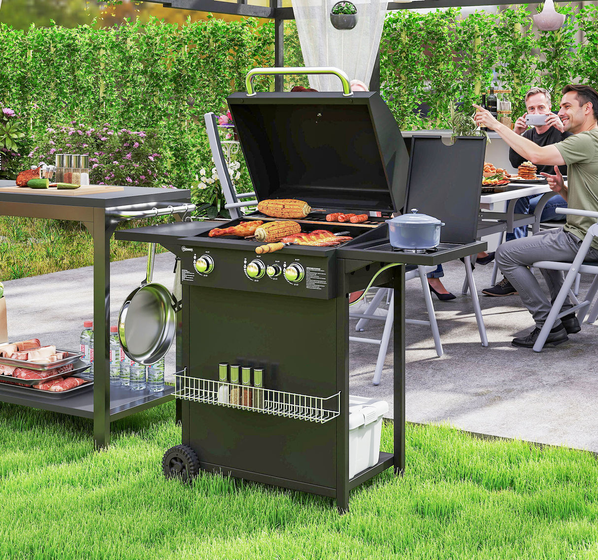 easycomfort easycomfort barbecue a gas con bruciatori indipendenti coperchio con termometro e tavolino laterale nero