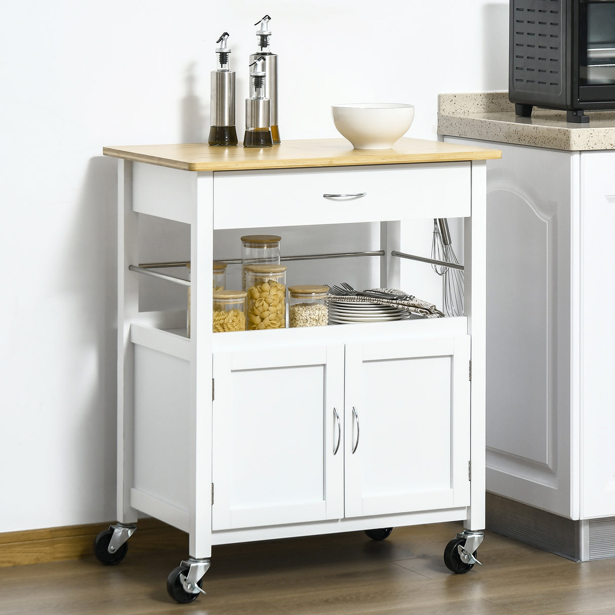 easycomfort easycomfort carrello cucina con cassetto armadietto e scaffale carrellino portavivande con piano in bambu e 4 ruote bianco