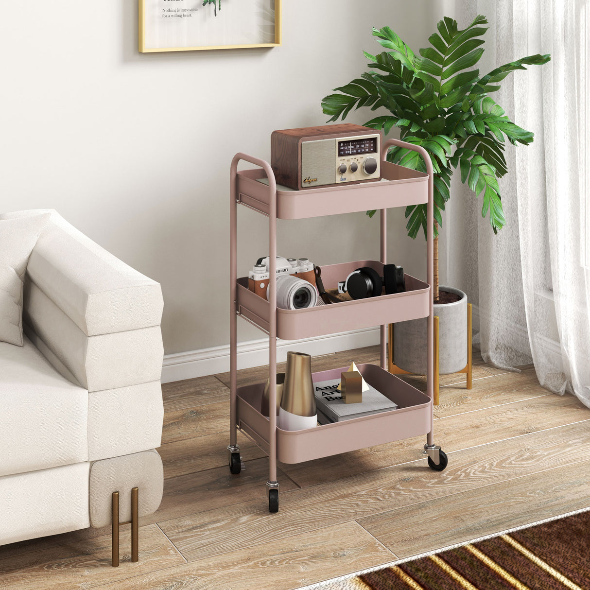 easycomfort easycomfort carrello da cucina a 3 livelli con maniglie e 4 rotelle in acciaio 45x30 6x79 cm rosa