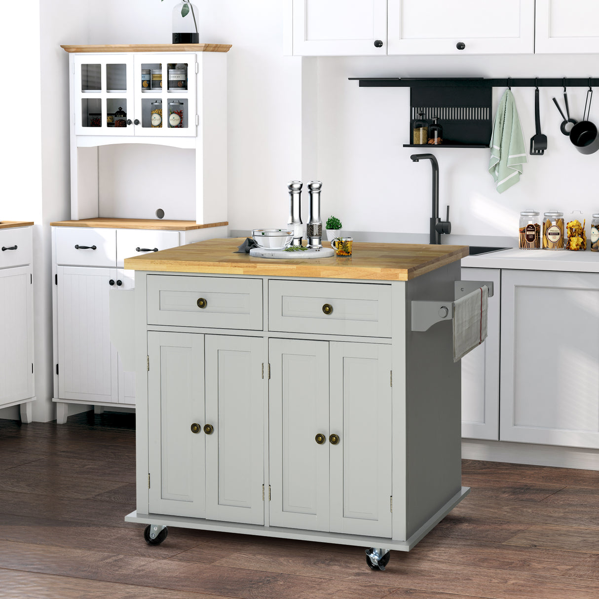 easycomfort easycomfort carrello da cucina con 2 cassetti e 2 armadietti piano in legno portaspezie e porta canovacci grigio