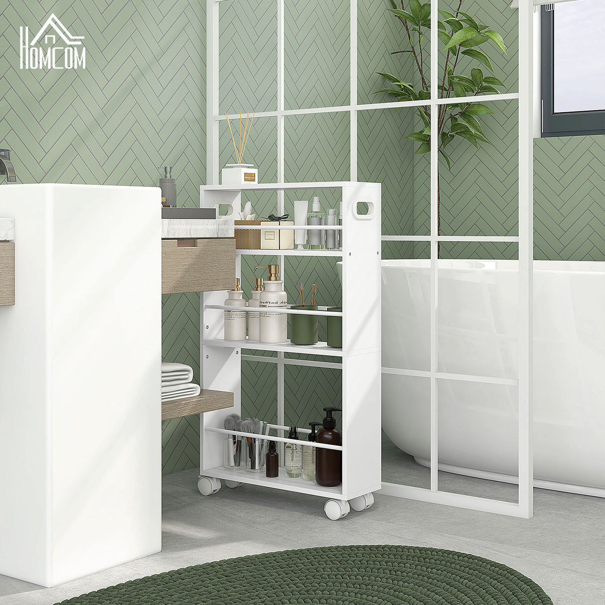 easycomfort easycomfort carrello da cucina e bagno salvaspazio a 3 livelli con barre laterali e ruote con freni bianco