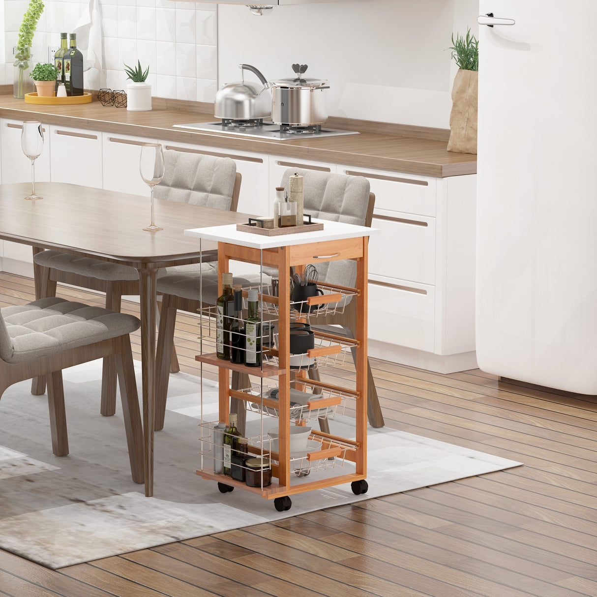 easycomfort easycomfort carrello da cucina in legno marrone con 1 cassetto e 4 cestelli metallici