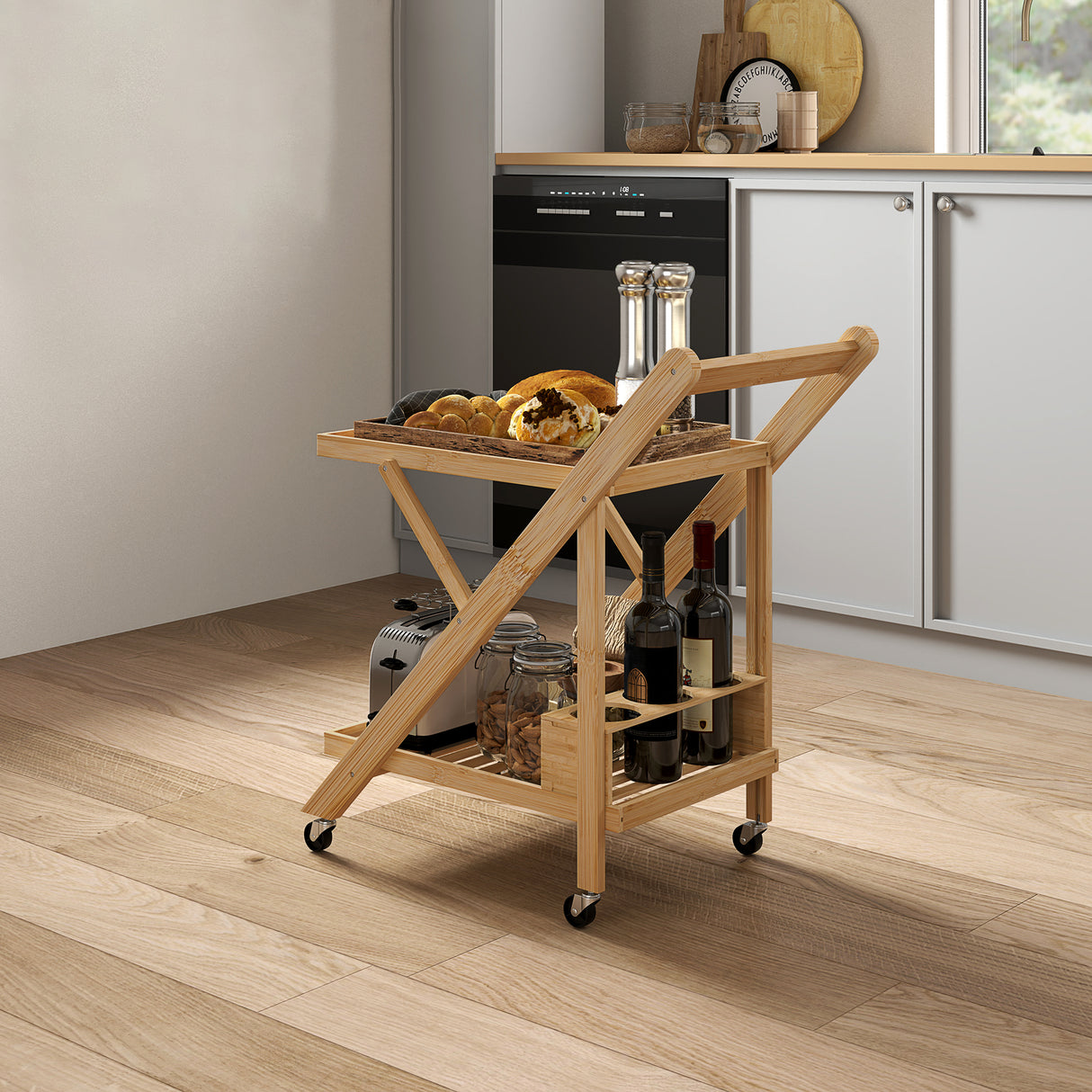 easycomfort easycomfort carrello da cucina portavivande pieghevole a 2 livelli con portabottiglie in legno di bambu