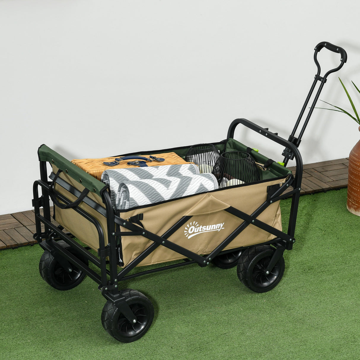 easycomfort easycomfort carrello da giardino 110l con maniglia telescopica e fondo apribile in acciaio e tessuto oxford cachi
