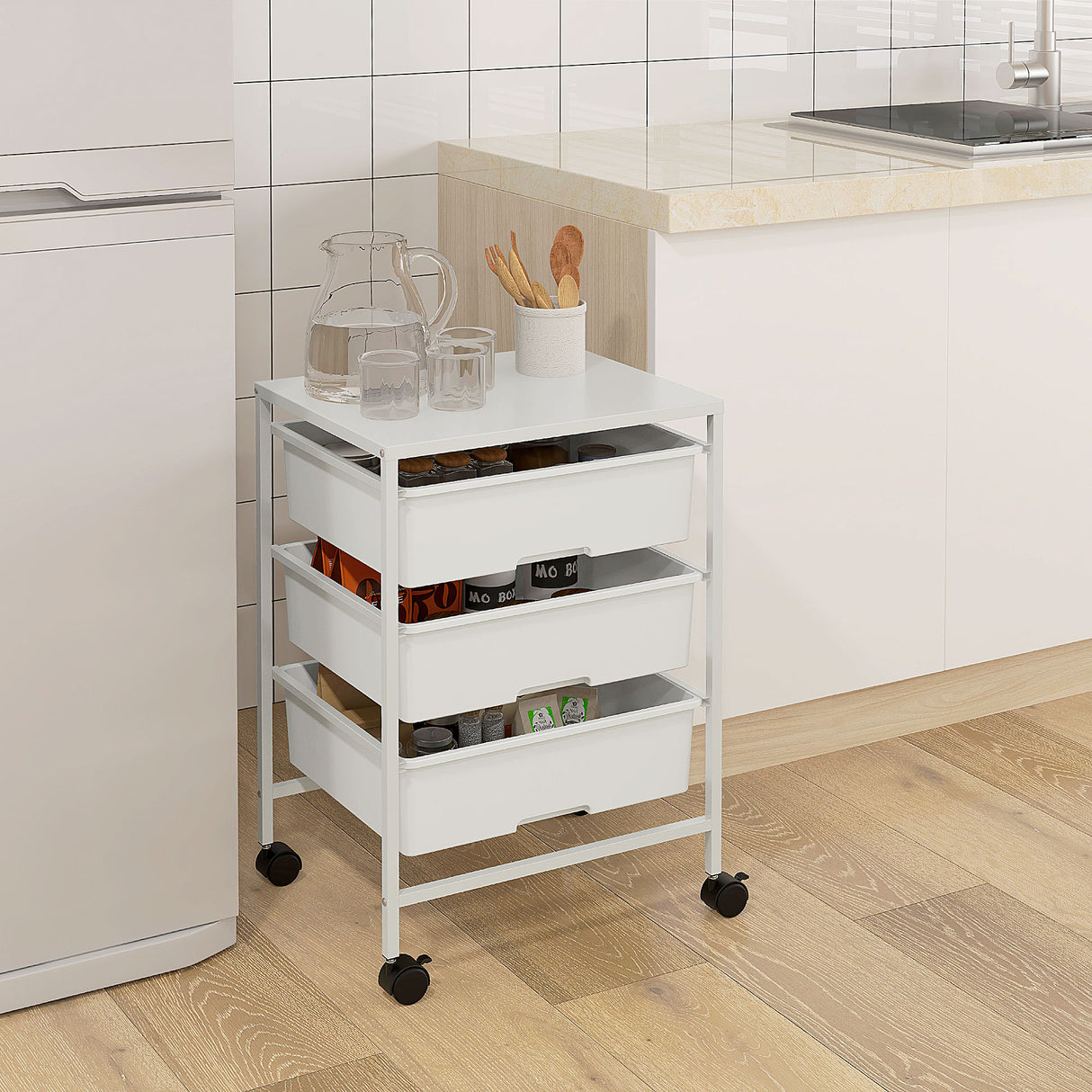 easycomfort easycomfort carrello multiuso con 3 cestini estraibili e ruote per cucina e ufficio in acciaio e pp bianco