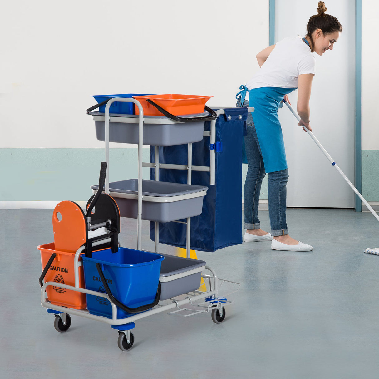 easycomfort easycomfort carrello per pulizie professionale multiuso con 4 secchi rotelle borsa di tela 118 73 103cm ean 8055776915579