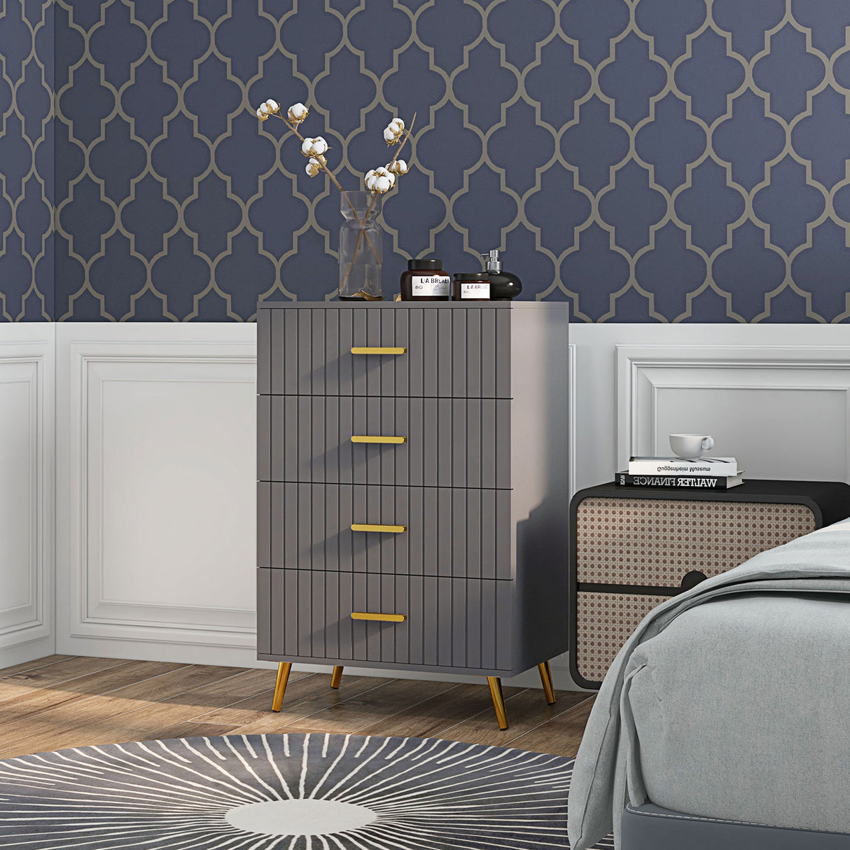 easycomfort easycomfort cassettiera 4 cassetti moderna in legno e alluminio 60x40x90 cm oro e grigio scuro