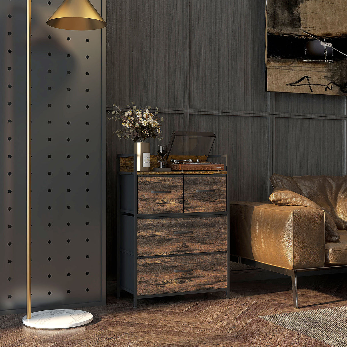 easycomfort easycomfort cassettiera 4 cassetti rimovibili dal design industriale in legno e acciaio 60x29x85 cm marrone e nero