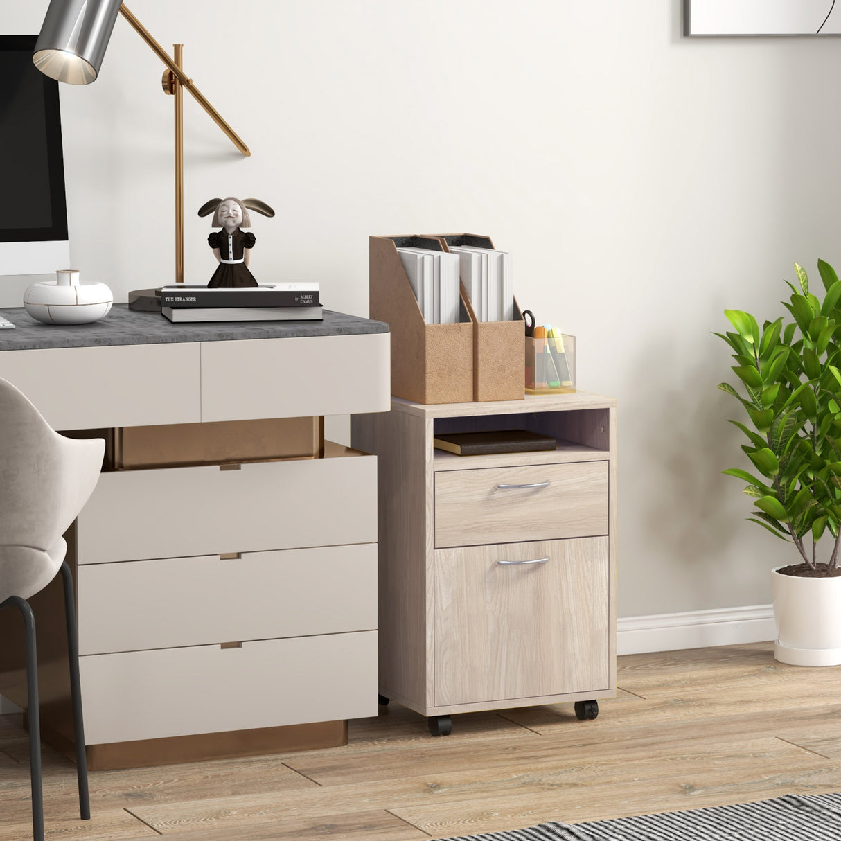 easycomfort easycomfort cassettiera da ufficio portadocumenti con ripiano aperto e 2 cassetti in legno e metallo 40x35x60 cm rovere