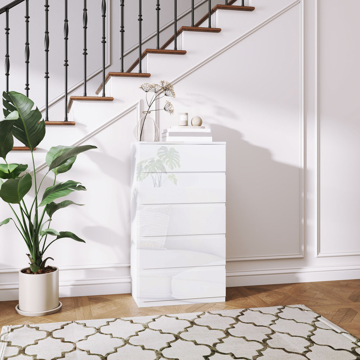 easycomfort easycomfort cassettiera moderna 5 cassetti antiribaltamento in legno 55x33x100 cm bianco lucido