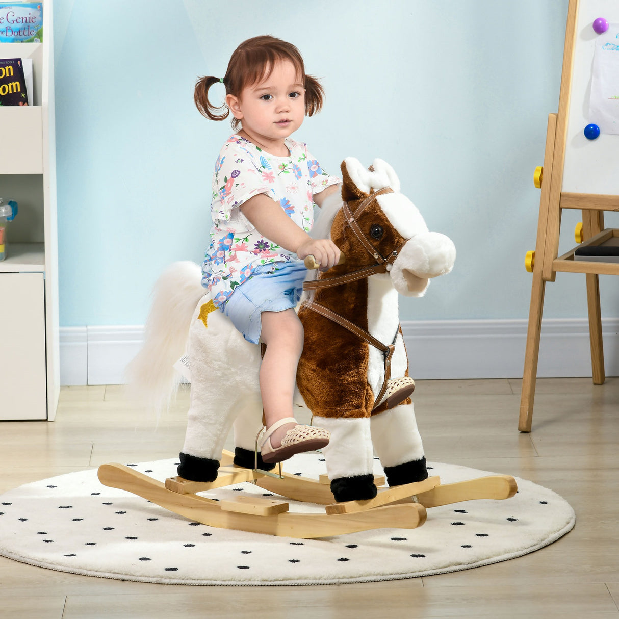 easycomfort easycomfort cavallino a dondolo per bambini da 3 6 anni in peluche con suoni 68x26x62cm marrone