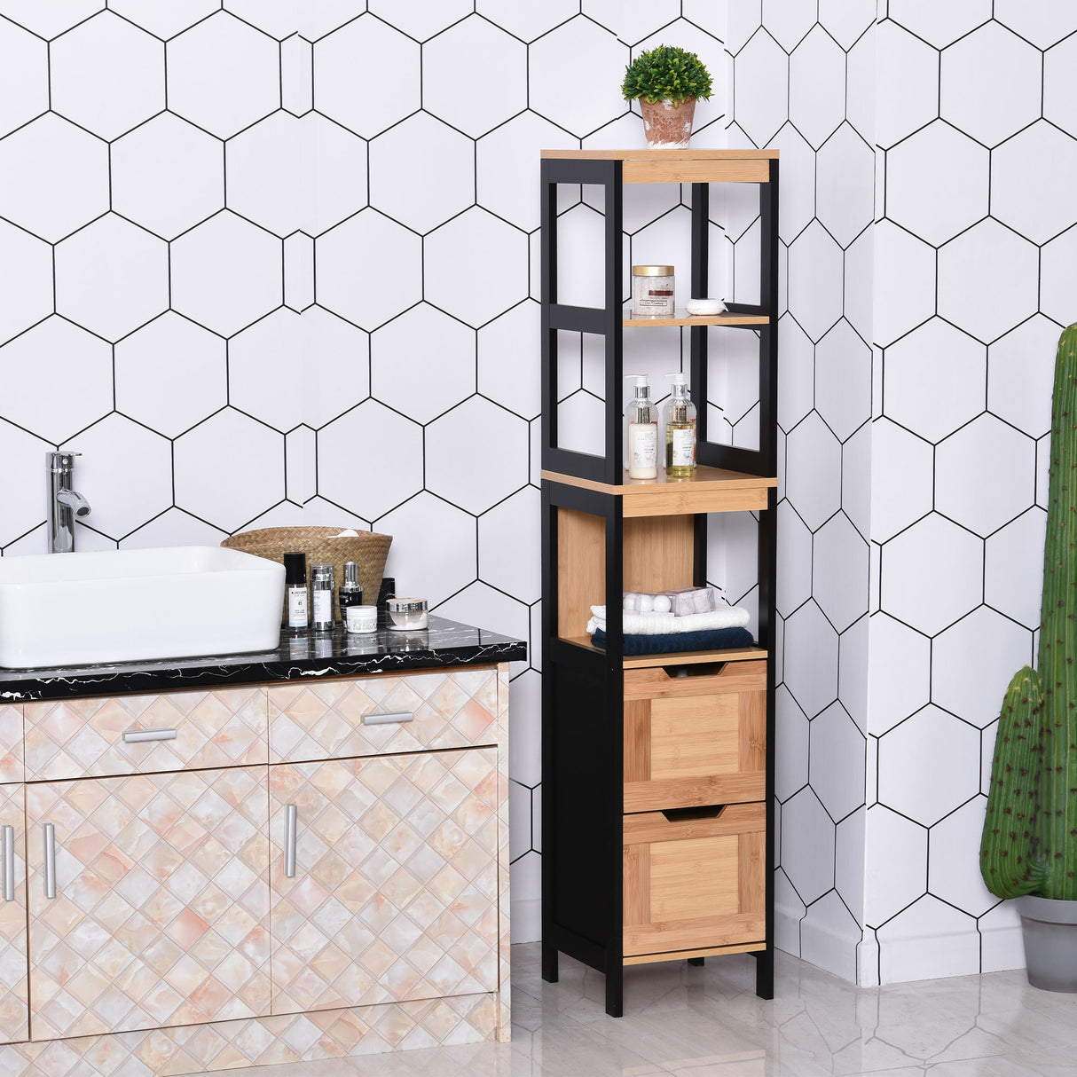 easycomfort easycomfort colonna bagno con 2 cassetti e 3 vani aperti in legno mdf e bambu 30x30x144 3 cm