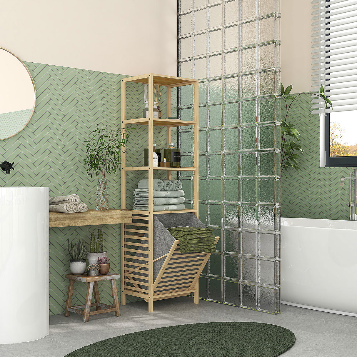 easycomfort easycomfort colonna bagno con 3 ripiani in legno di bambu e cesto portabiancheria in tessuto 44x33x160cm