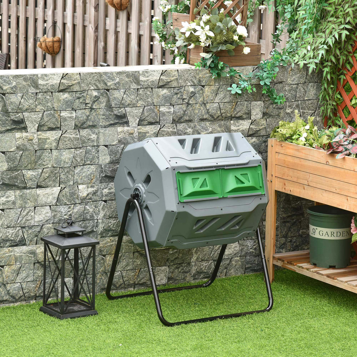easycomfort easycomfort compostiera da giardino girevole a 2 sezioni con 8 prese daria in acciaio e pp 71x65x96 cm grigio